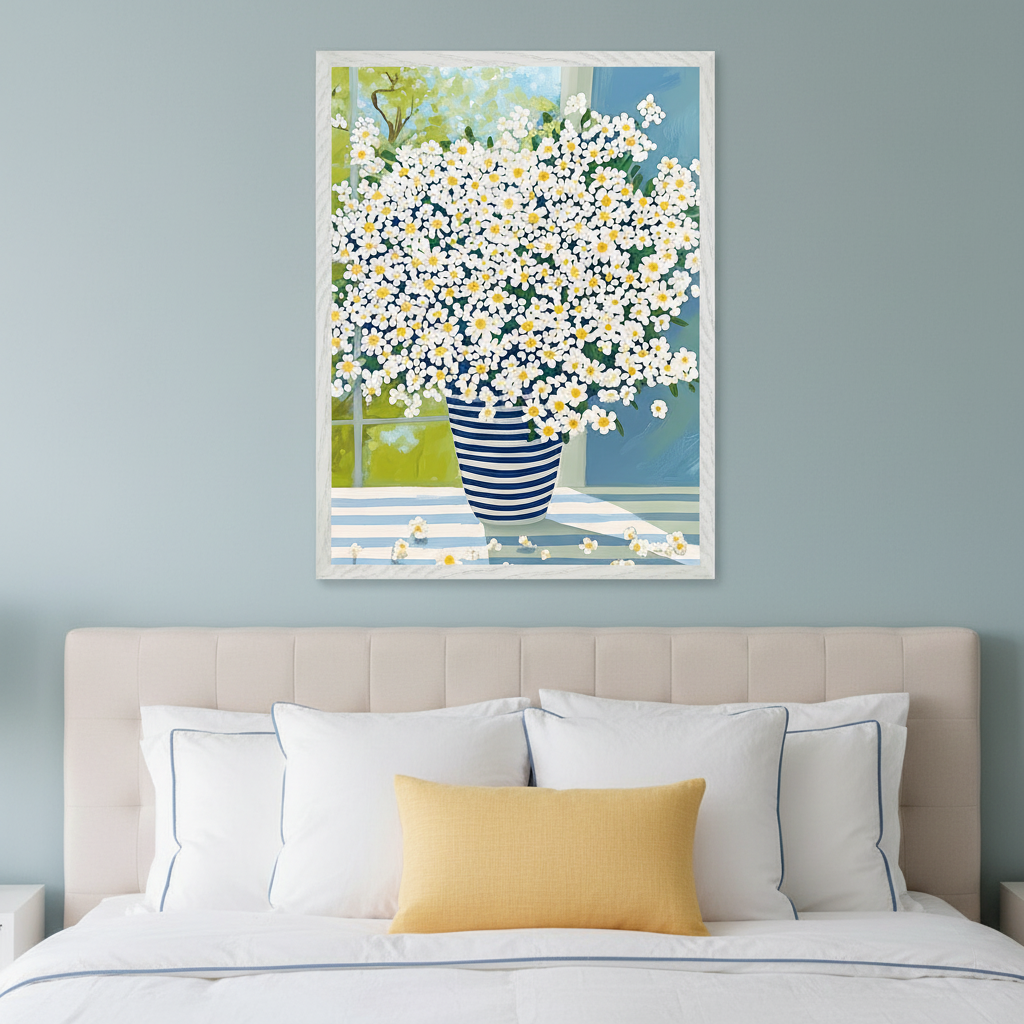 Modern bedroom with an upholstered bed and white bedding. A large framed painting of a vase filled with white daisies on a striped surface by a window hangs centered above the bed.