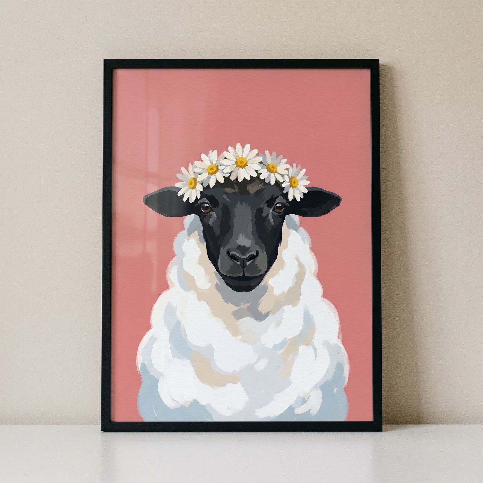Daisy crown black sheep wall art featuring a black-faced sheep on a pink background, enclosed in a thin black frame.