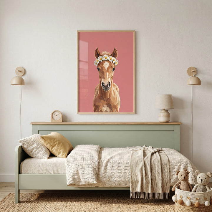 Daisy crown brown foal wall art on pink above a sage green daybed, neutral linens, wall sconces, and stuffed bears.