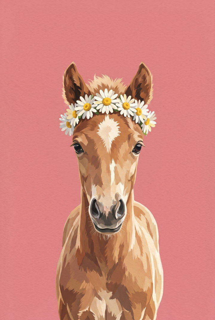 Daisy crown brown foal wall art featuring a young horse with white flowers on its head against a pink background.