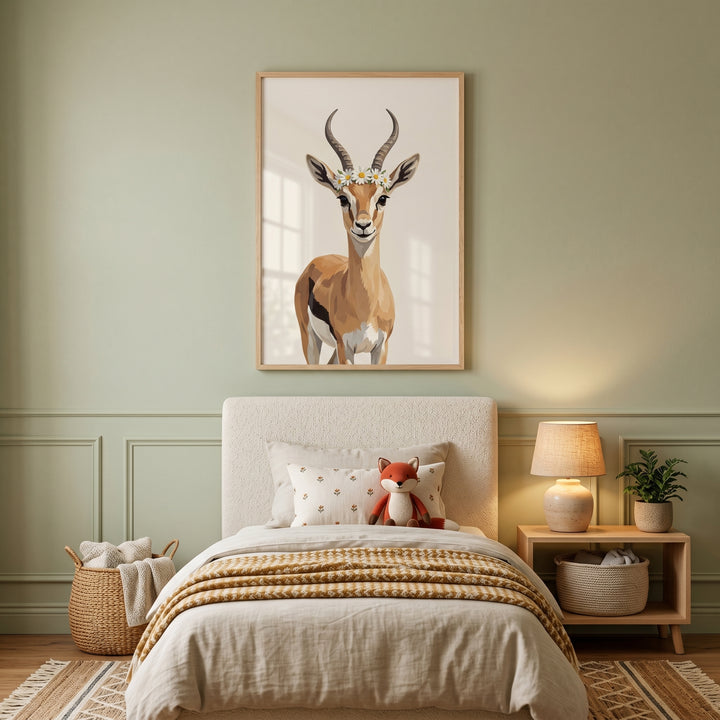 Daisy crown gazelle wall art hangs in a sage green bedroom with a cozy bed, a stuffed fox, and a warm bedside lamp.