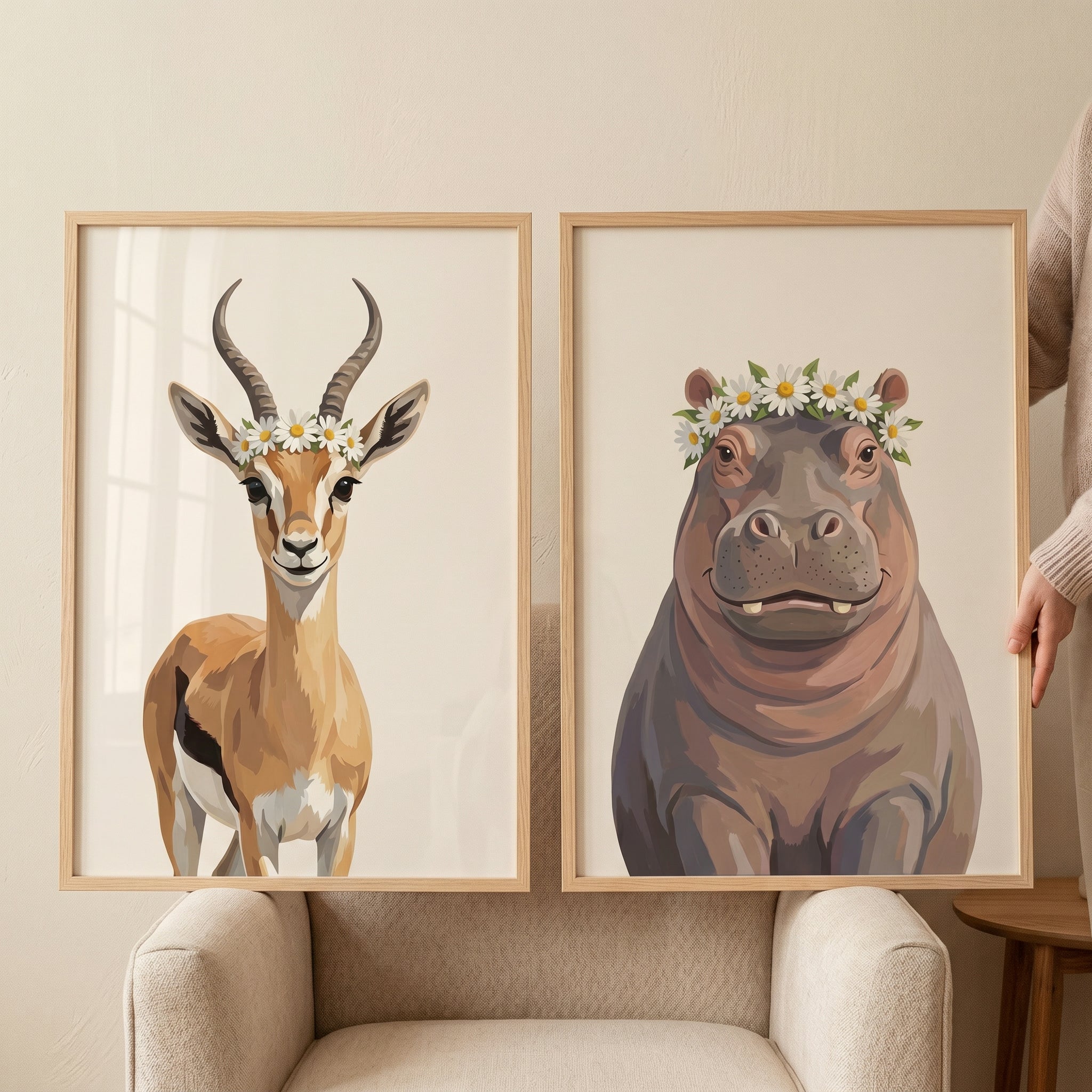 Daisy Crown Safari Animals Wall Art Set of 2 - Safari Daisy Crowns