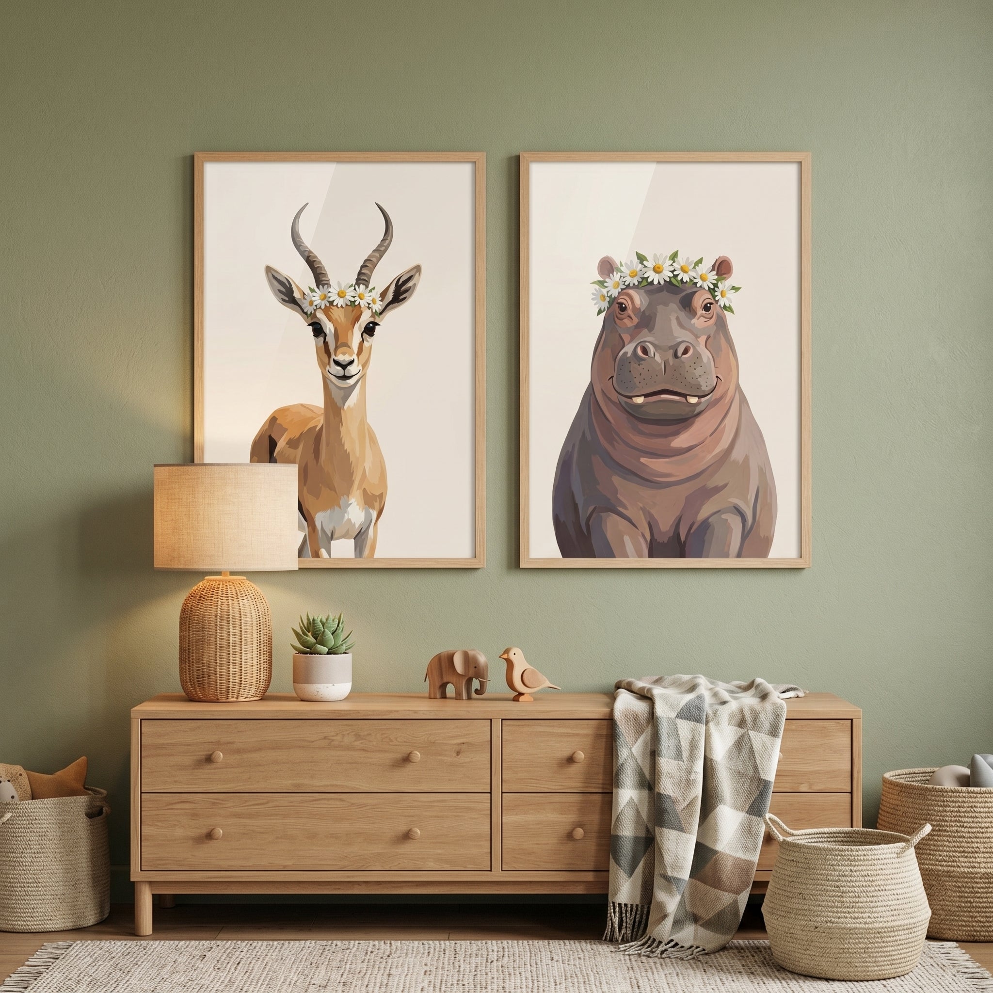 Daisy Crown Safari Animals Wall Art Set of 2 - Safari Daisy Crowns