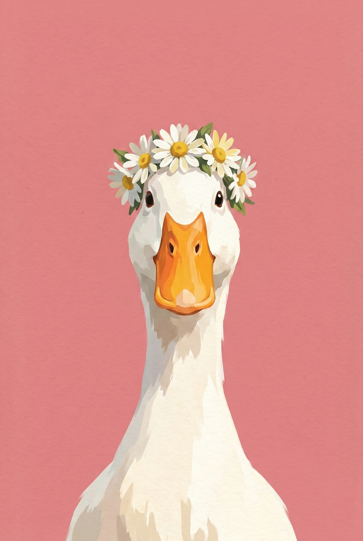 Daisy crown white goose wall art features a white goose wearing a wreath of daisies on a solid pink background.