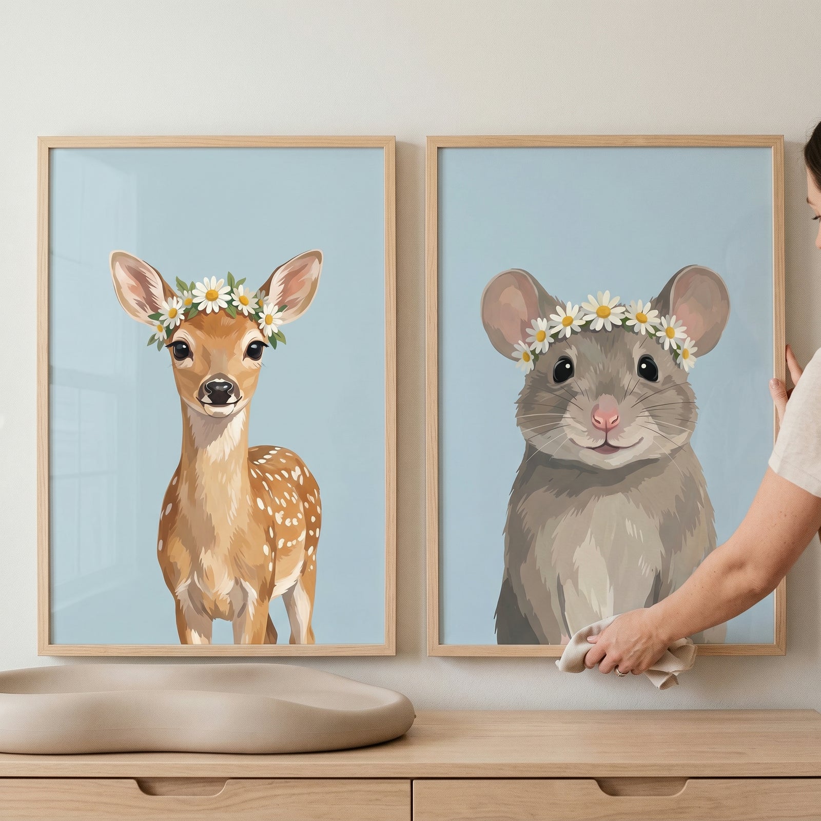 Daisy crown woodland animal wall art set of 2 featuring a fawn and a mouse on a light blue background.