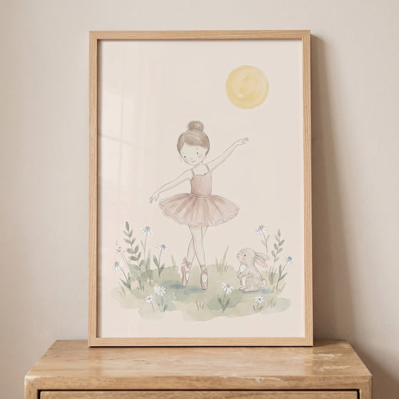 Daisy field dancing ballerina wall art depicts a young girl in a pink tutu and a rabbit under a yellow sun in a wood frame.