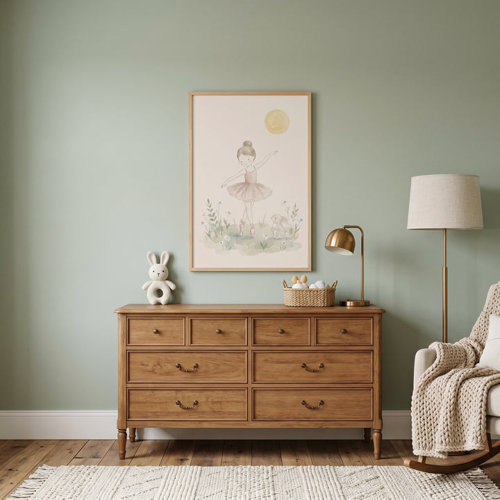 Daisy field dancing ballerina wall art above a wooden dresser in a sage green nursery with a rocking chair and lamp.