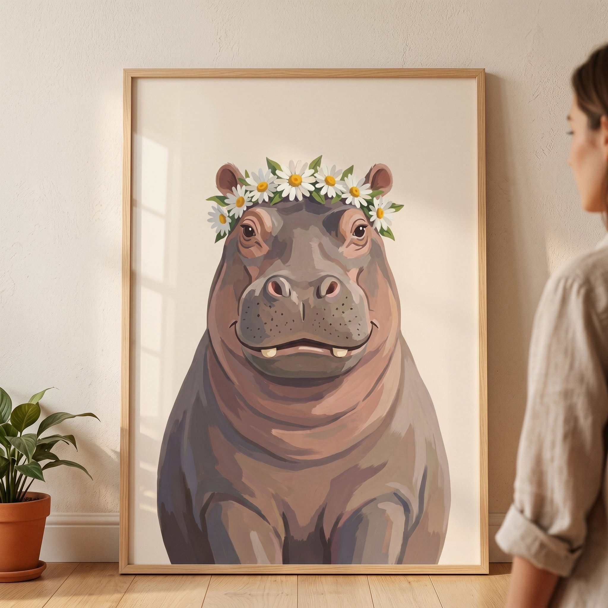 Daisy Flower Crown Hippo Wall Art - Gentle Daisy Hippo