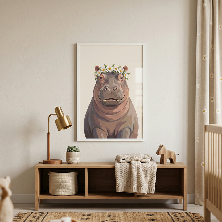 Daisy flower crown hippo wall art hangs in a neutral nursery above a wooden bench with a gold lamp and plush blanket.