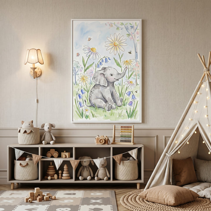 Daisy meadow baby elephant wall art in a neutral nursery featuring a wooden toy shelf and a cozy fabric teepee with lights.