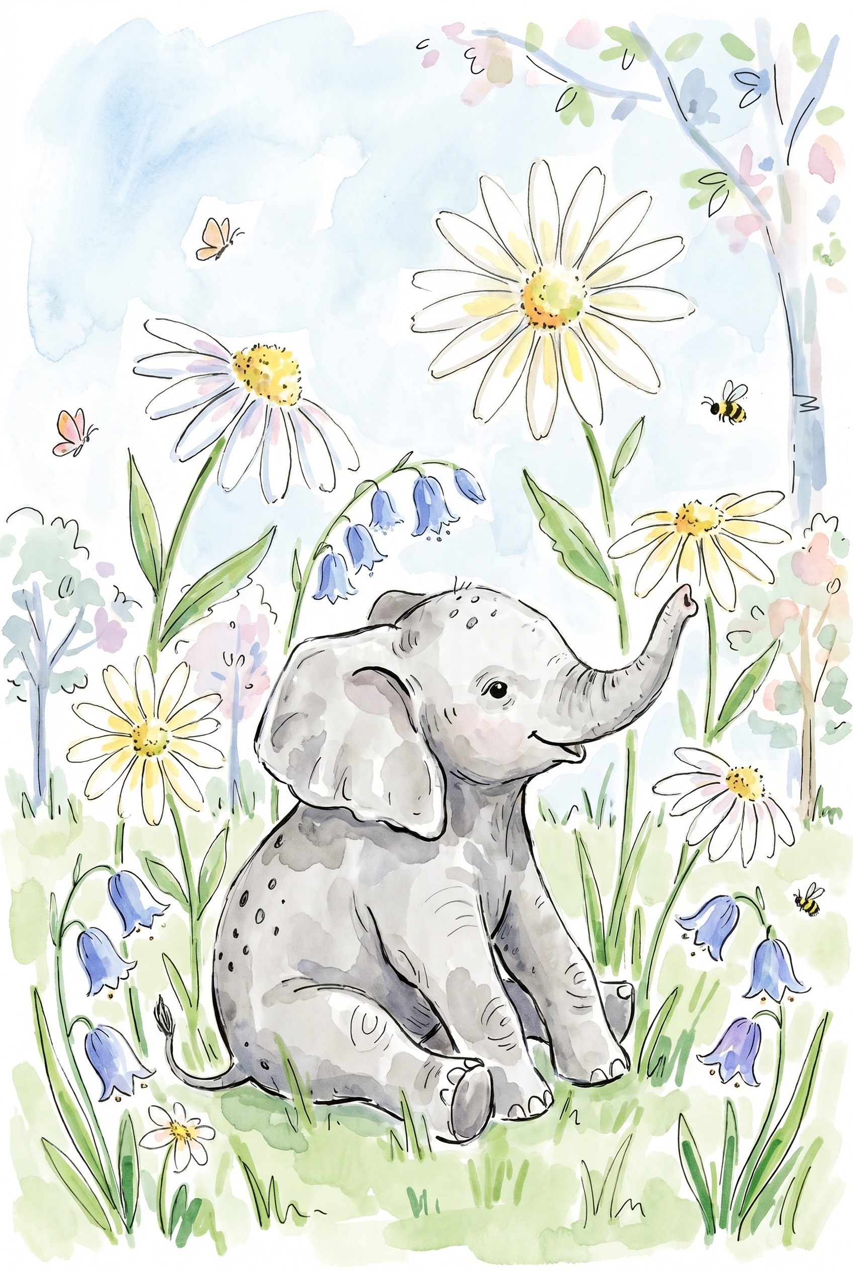 Daisy Meadow Baby Elephant Wall Art - Sweet Daisy Calf