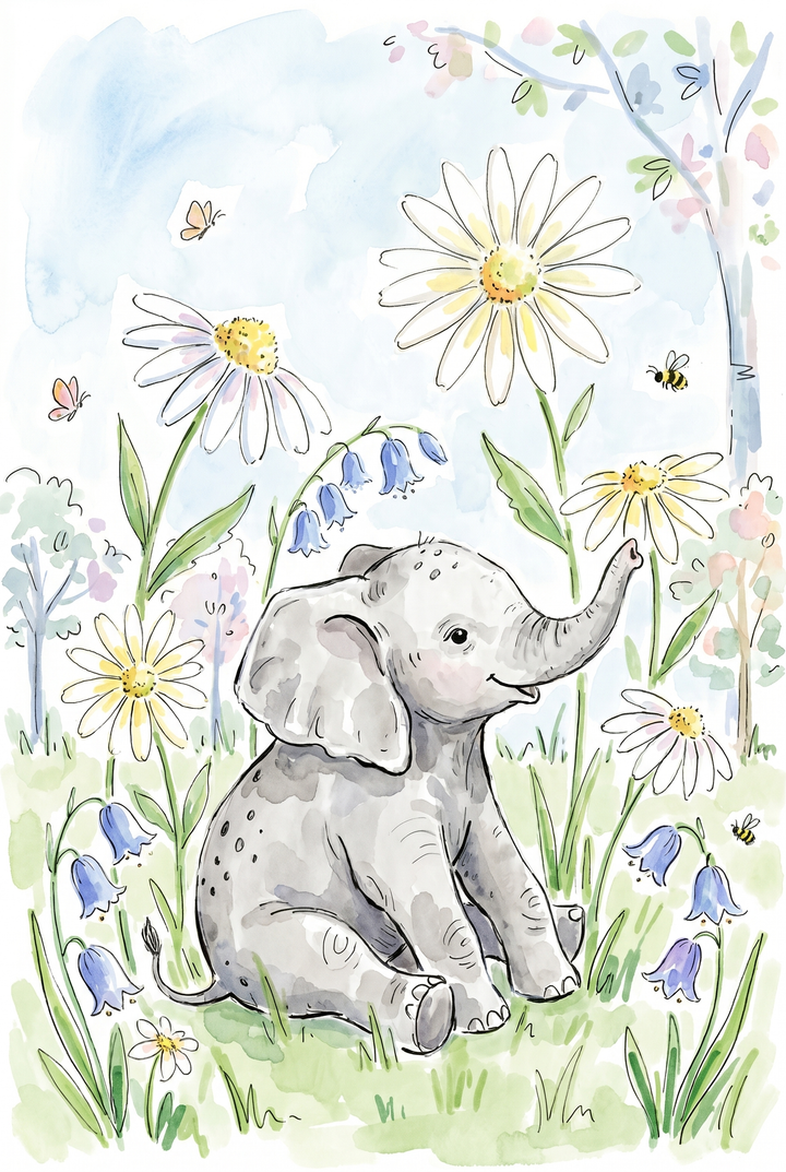 Daisy meadow baby elephant wall art with a cute elephant sitting among white daisies, bluebells, and butterflies.