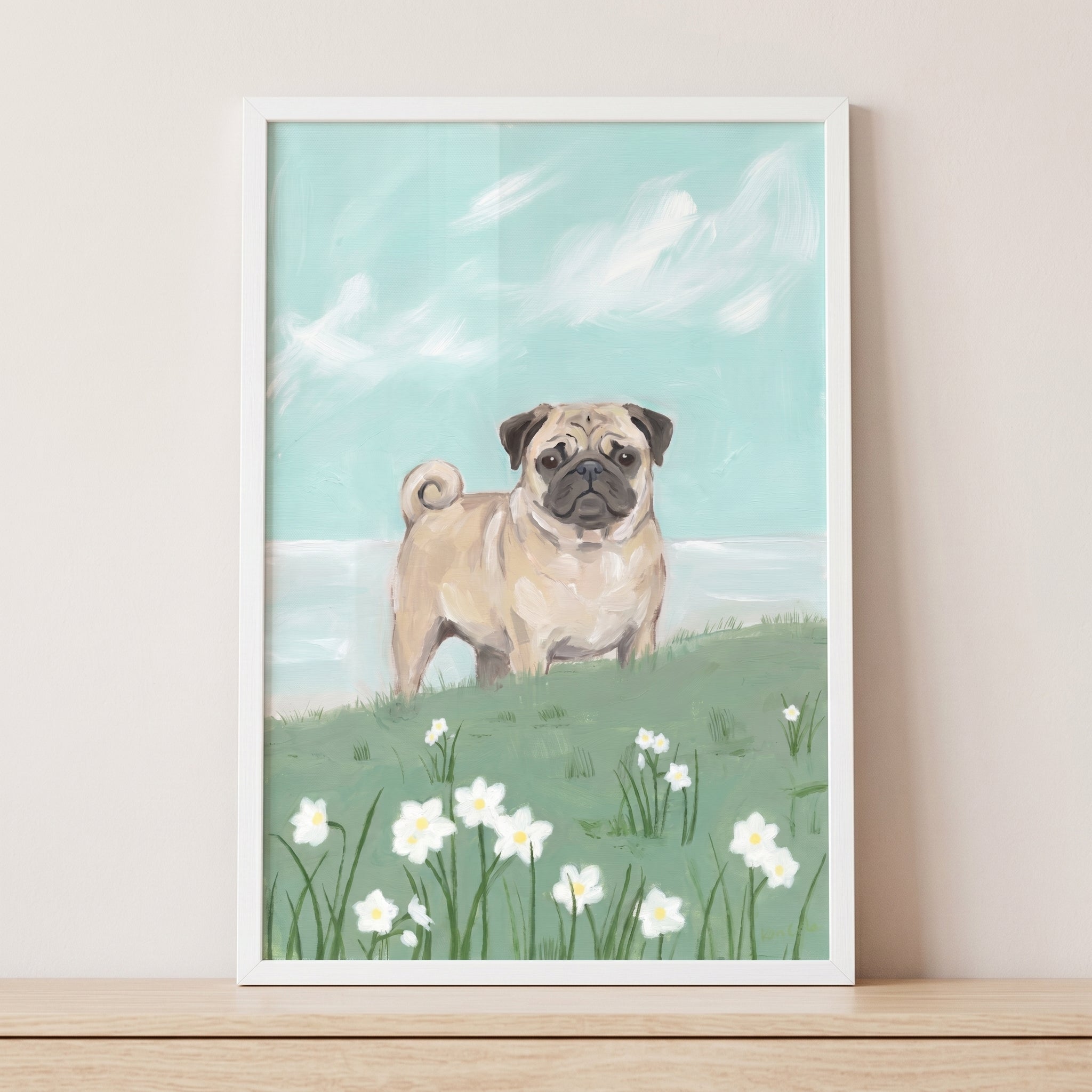 Daisy Meadow Fawn Pug Dog Wall Art - Pug In Bloom