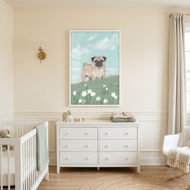 Daisy meadow fawn pug dog wall art hangs above a white dresser in a neutral nursery with a crib and rocking chair.