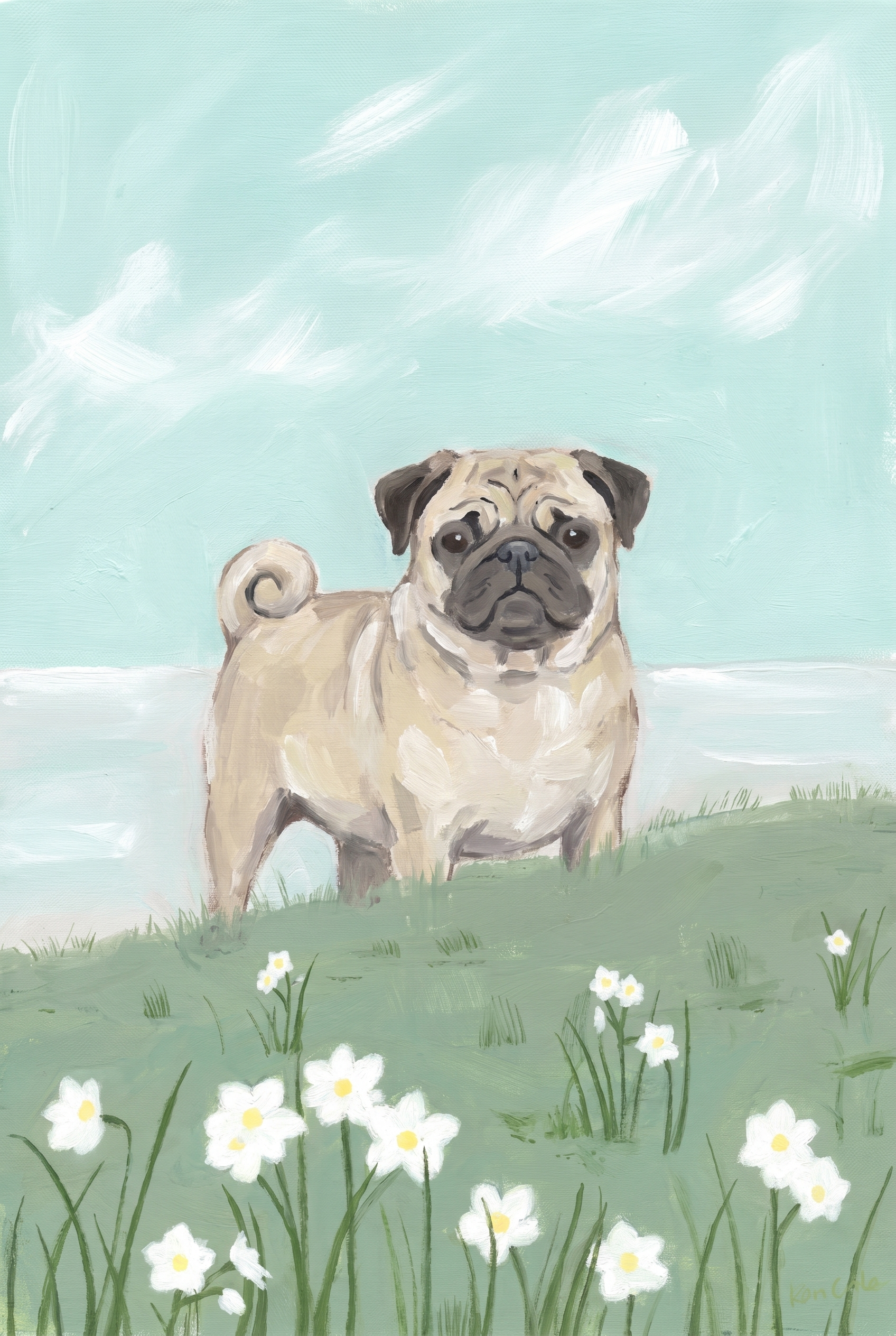 Daisy Meadow Fawn Pug Dog Wall Art - Pug In Bloom