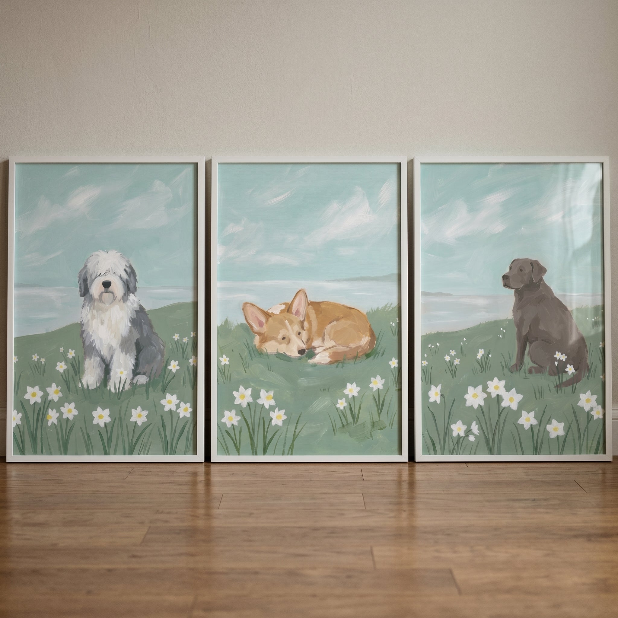 Daisy Meadow Spring Dogs Wall Art Set of 3 - Meadow Dog Trio