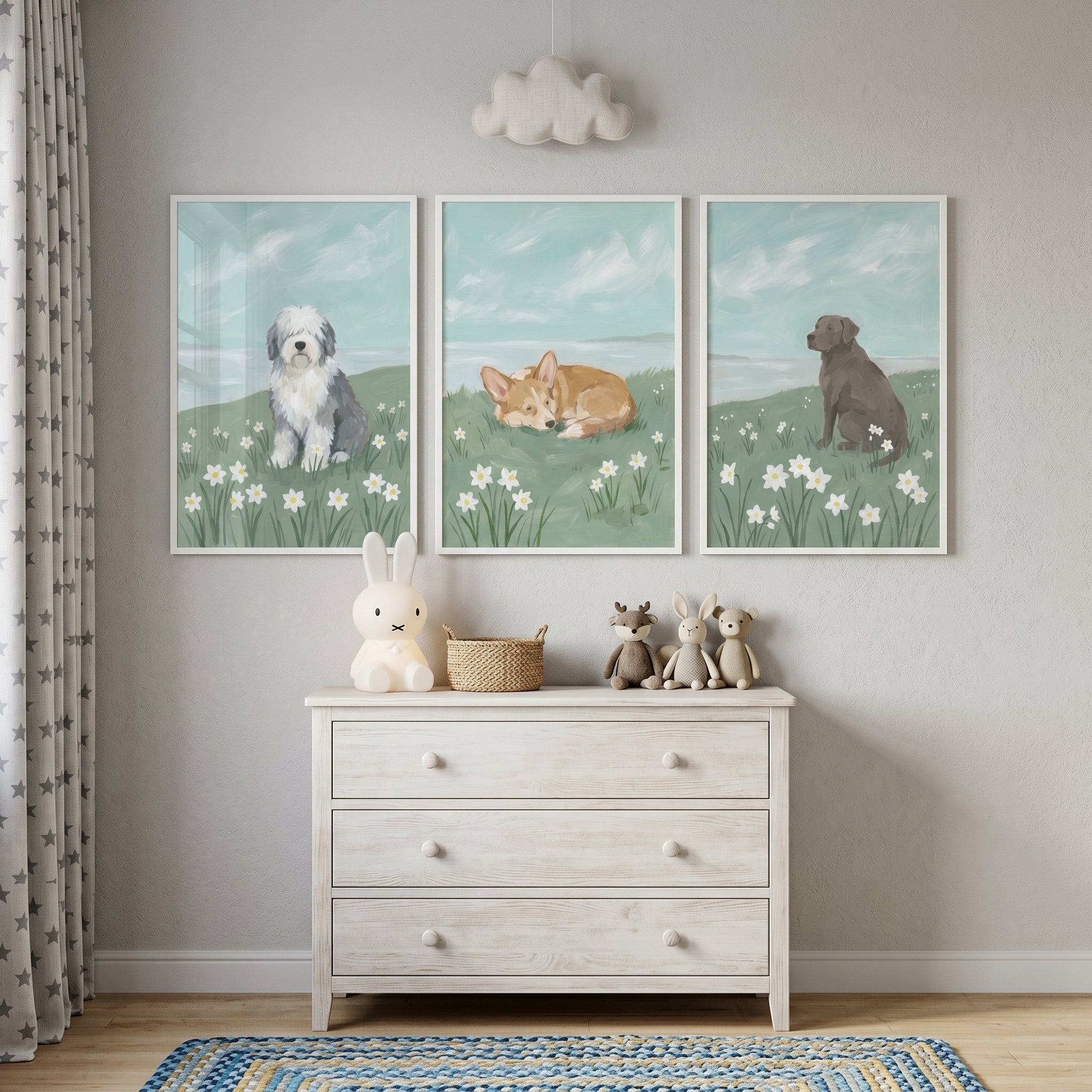Daisy Meadow Spring Dogs Wall Art Set of 3 - Meadow Dog Trio