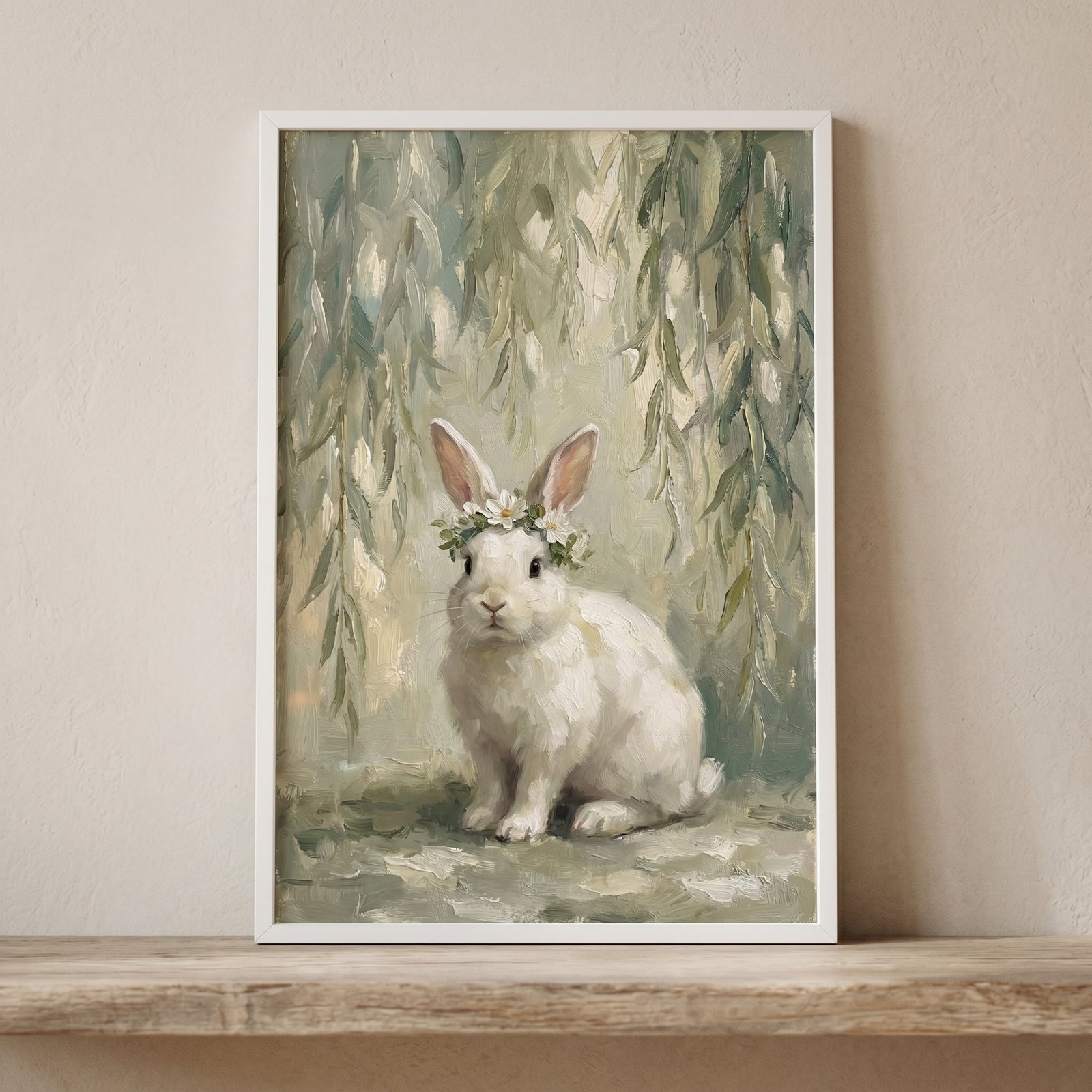 Daisy wreath white bunny wall art features a rabbit wearing a floral crown beneath weeping willow branches.