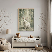 Daisy wreath white bunny wall art hangs in a neutral nursery above a bench with a squirrel toy and tree wall decals.