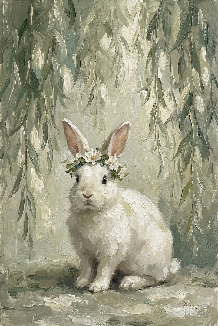 Small white rabbit with a floral crown sits beneath hanging leaves, forming a peaceful whimsical animal wall art scene suited for nursery or living space.

