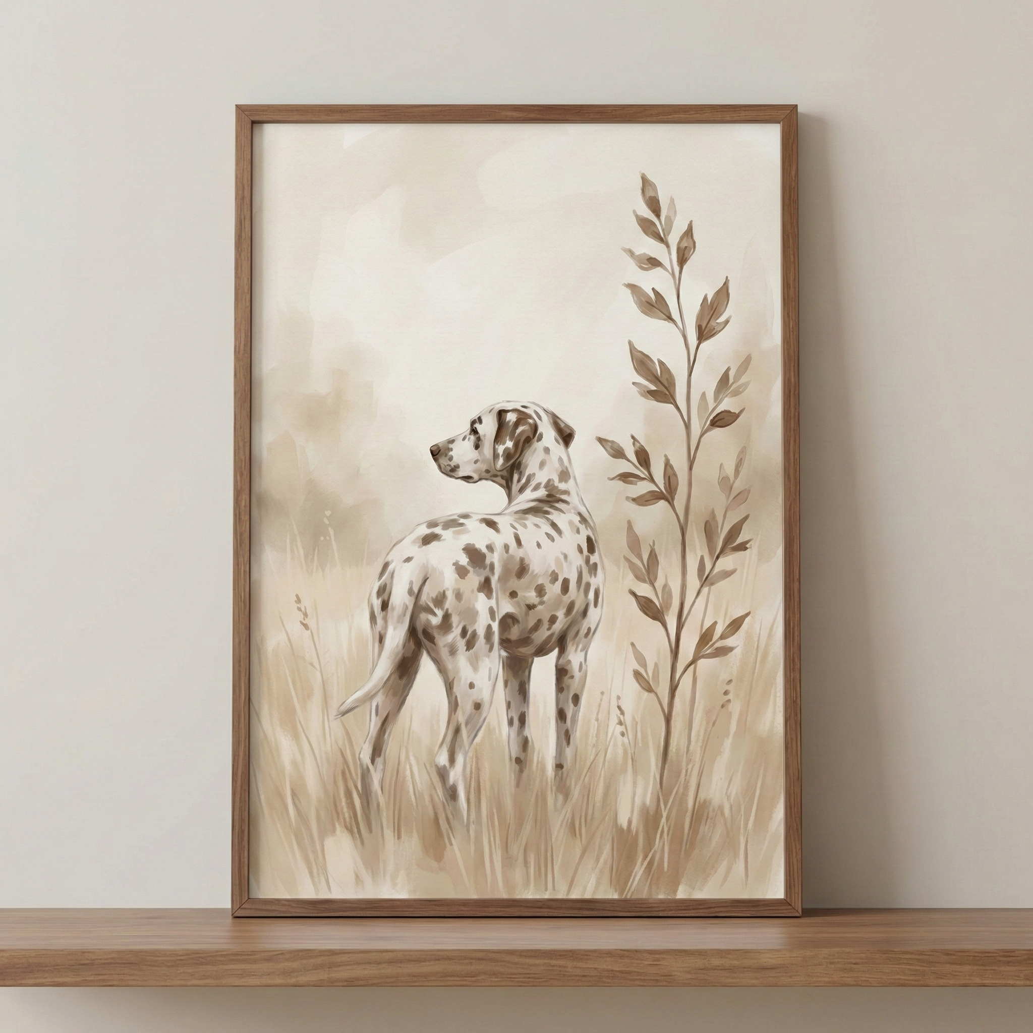 A sepia-toned watercolor-style illustration of a spotted dog standing in a field of tall grass, looking back over its shoulder. The artwork features muted brown and beige tones, with a delicate leafy branch reaching upward on the right side. The piece is encased in a slim wooden frame and displayed on a rustic wood shelf against a neutral-colored wall.