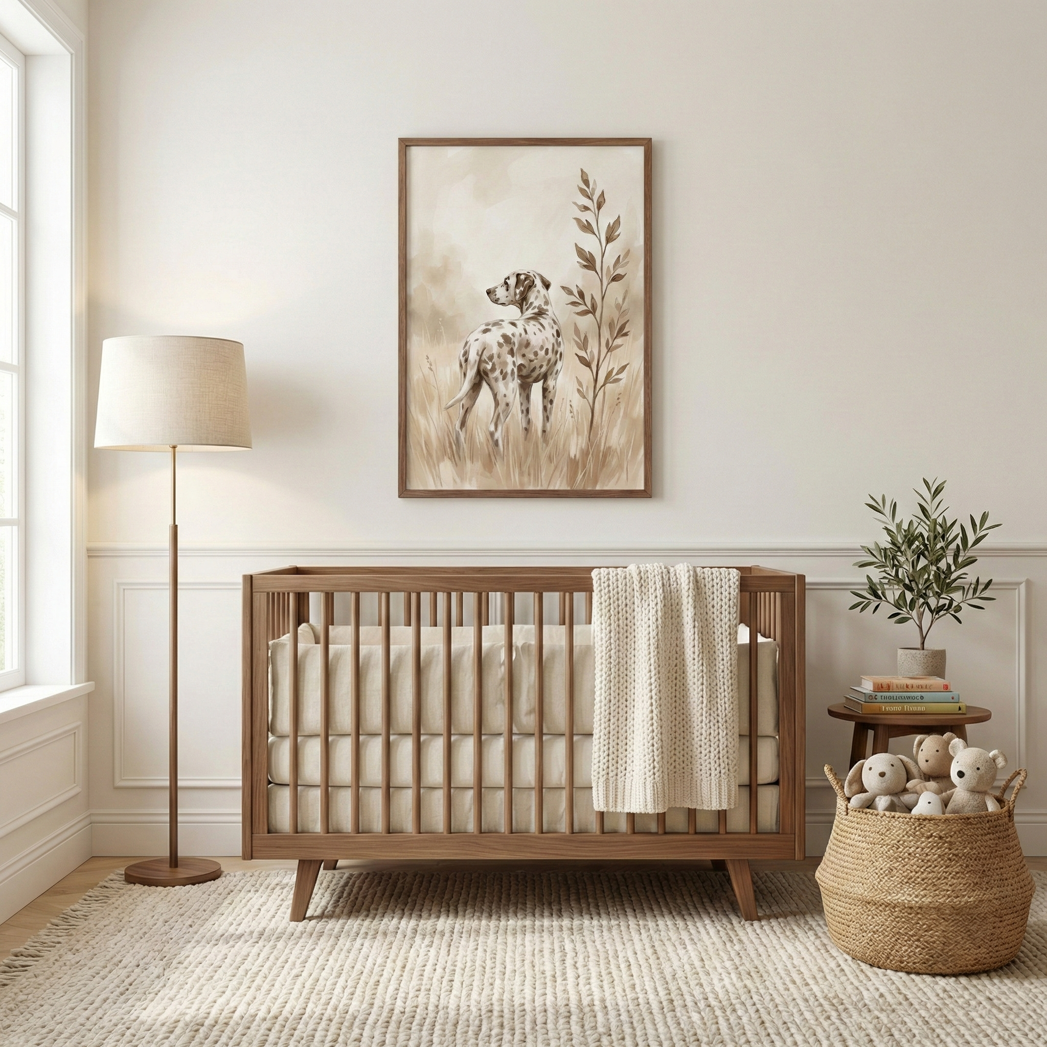A serene and modern nursery features a wooden crib with neutral bedding and a white knit blanket. Above the crib, a framed illustration depicts a spotted dog in a field of dry grass, rendered in muted earth tones. To the left stands a minimalist floor lamp with a cream shade. To the right, a small side table holds books and a potted plant, next to a large woven basket filled with plush toys. The room is completed with a light-colored textured rug and elegant wall molding.