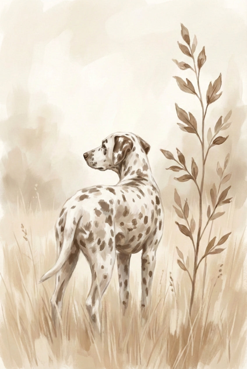Sepia watercolor painting of a Dalmatian standing in tall grass beside a slender branch, illustrated in soft neutral tones with subtle texture detail.
