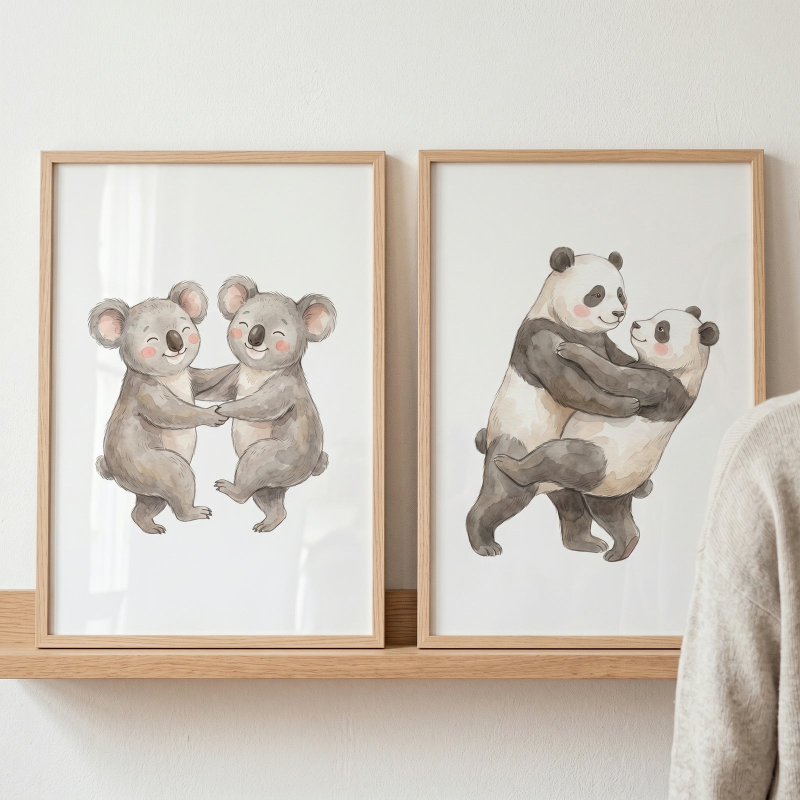 Watercolor koalas and pandas in a dancing animal wall art set of 2, framed in light wood on a shelf.