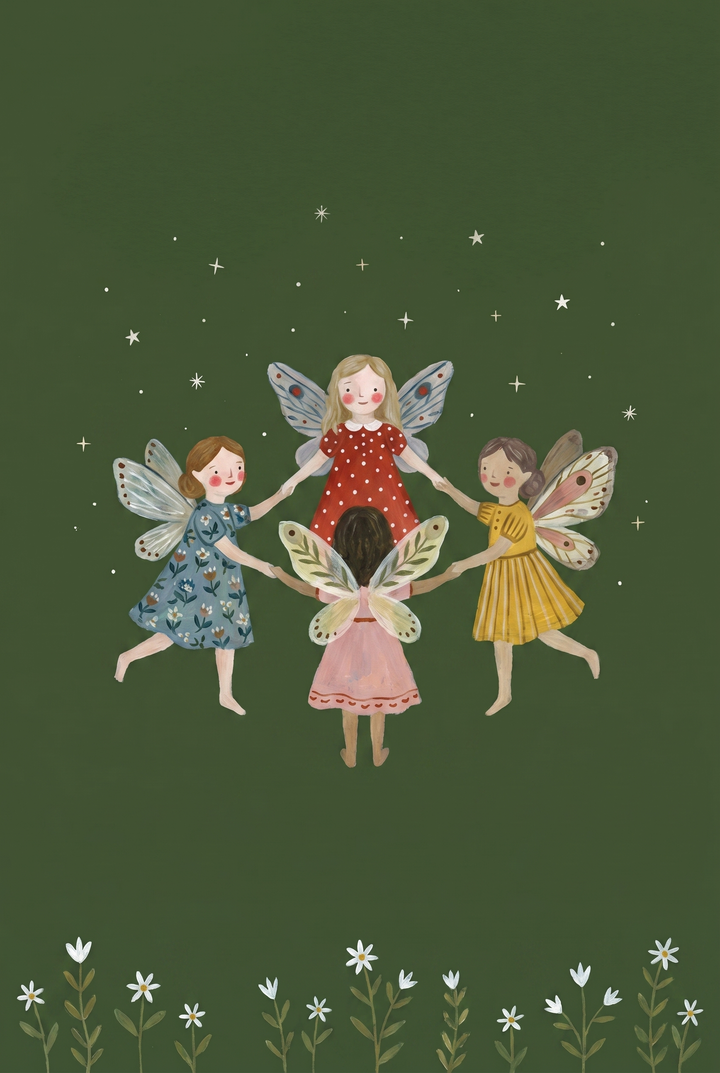 Four fairies hold hands in a dancing circle forest fairies wall art on a starry green background with white flowers.