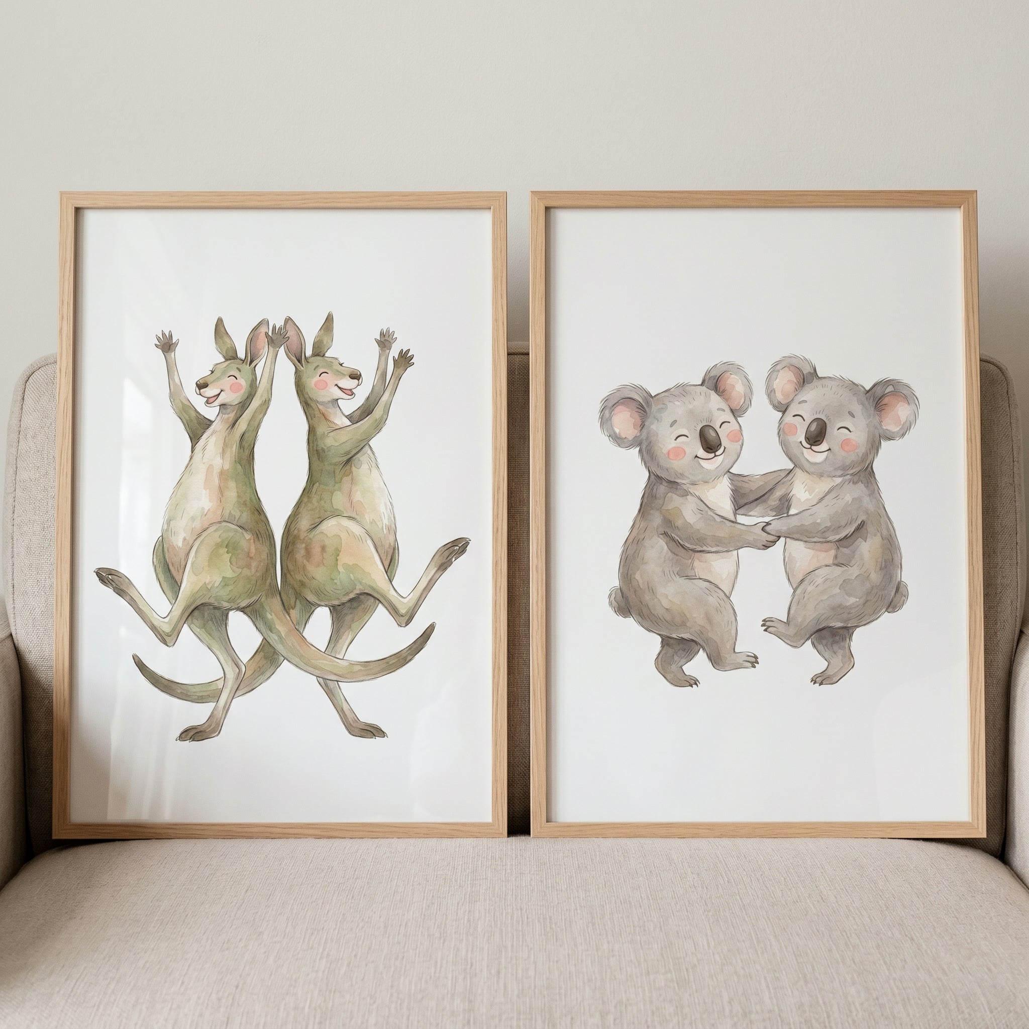 Dancing Neutral Australian Animals Wall Art Set of 2 - Joyful Outback Dance