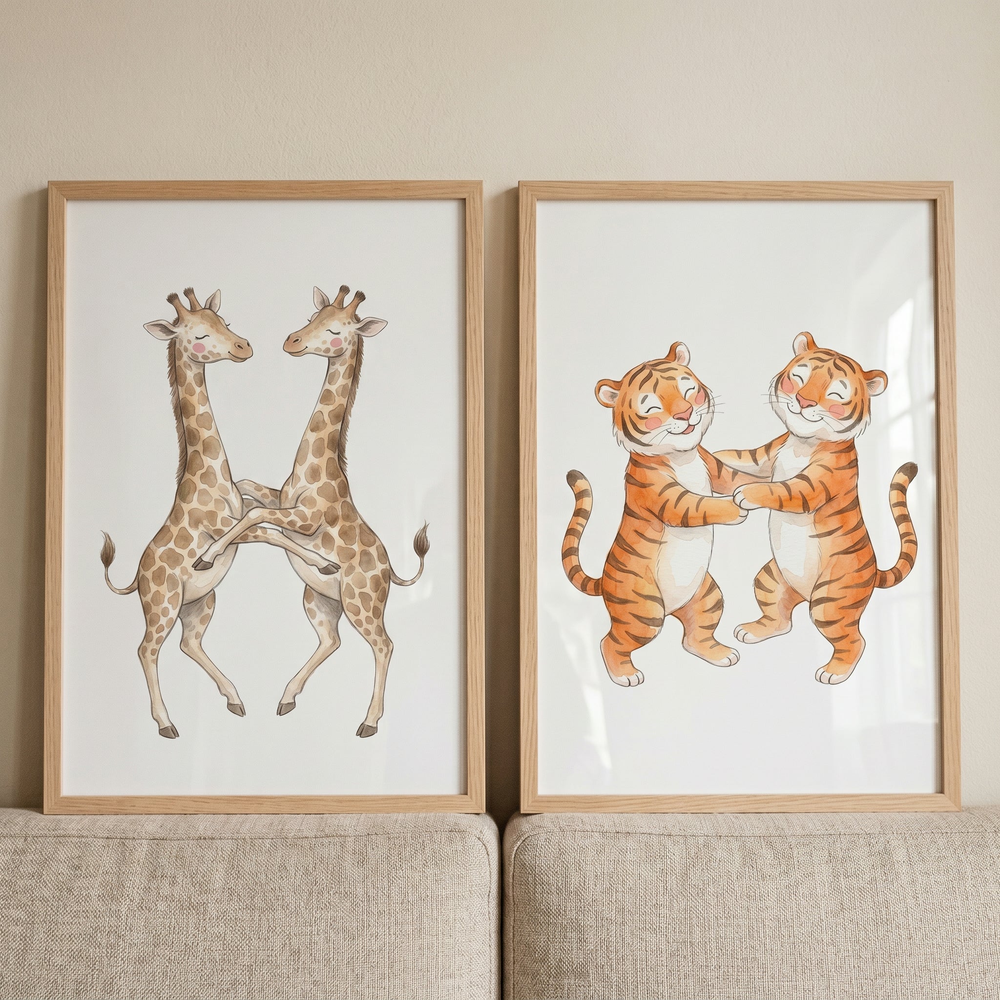 Dancing Safari Animals Wall Art Set of 2 - Whimsical Wildlife Dance