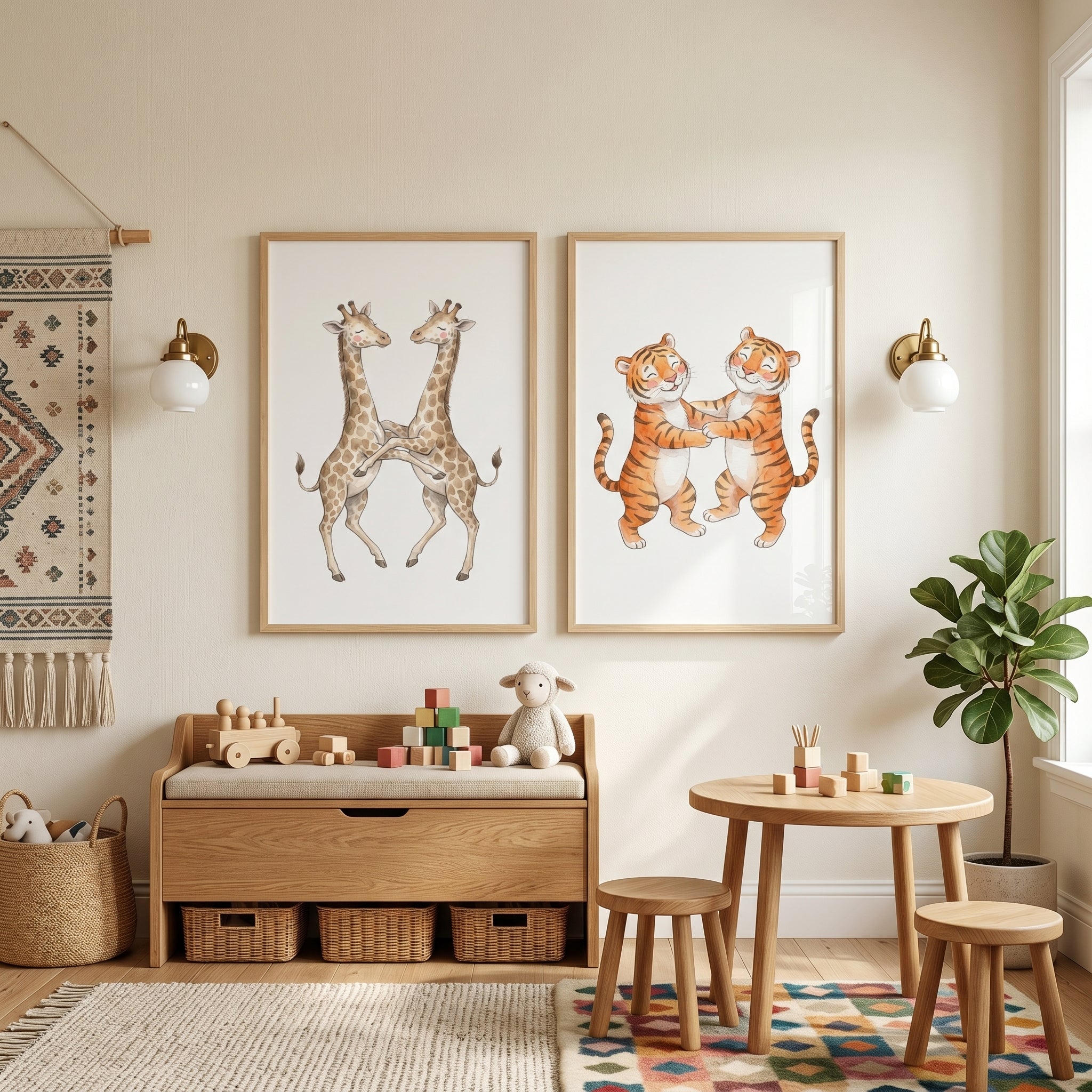 Dancing Safari Animals Wall Art Set of 2 - Whimsical Wildlife Dance