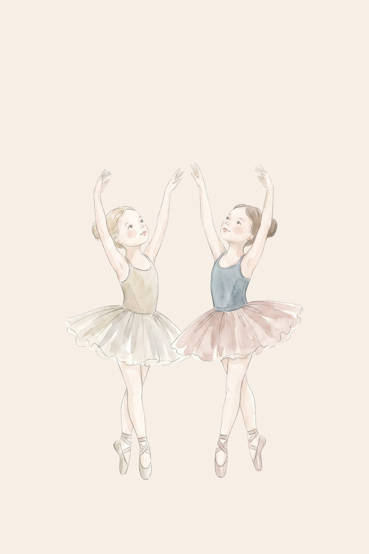 Two young dancers in tutus and pointe shoes pose for dancing watercolor girls ballerina wall art.