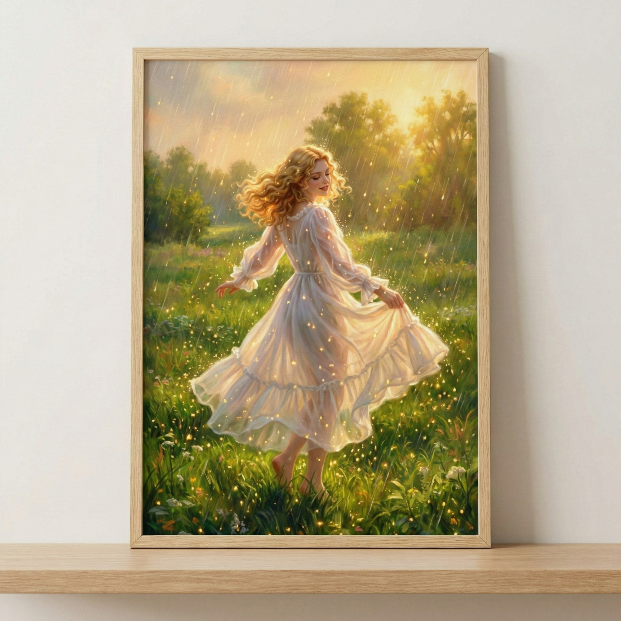 An ethereal illustration depicts a young woman with long, wavy blonde hair dancing joyfully in a lush green meadow filled with tiny wildflowers. She wears a flowing, semi-sheer white dress that billows around her as she twirls. The scene is illuminated by golden sunlight filtering through a gentle rain, creating a shimmering sunshower effect. Sparkling points of light are scattered throughout the grass and rain, adding a magical touch. The artwork is shown in a light wood frame.