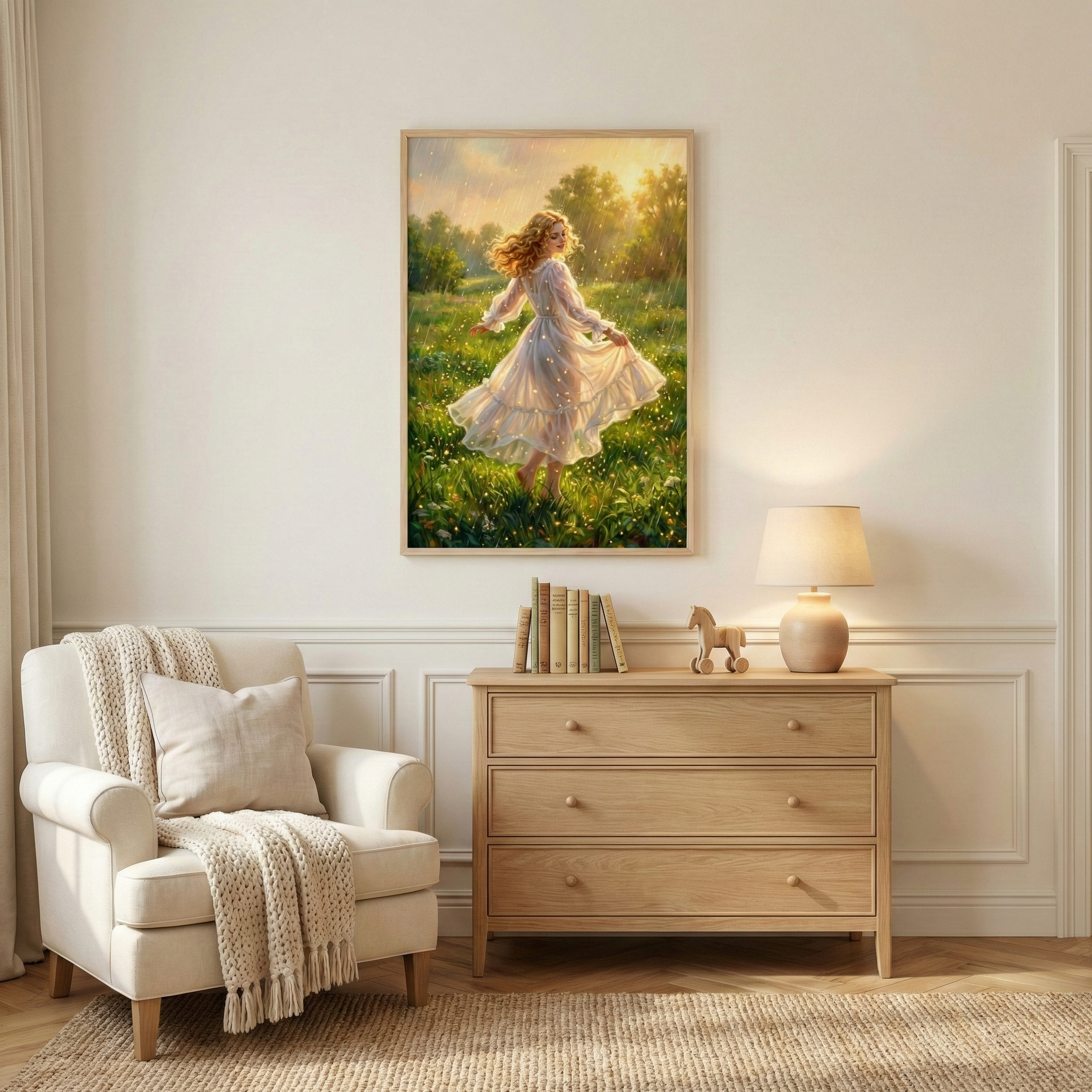 A vertical framed piece of wall art is centered on a light-colored, paneled wall. The artwork depicts a woman with long, flowing blonde hair dancing in a sunlit meadow. She is wearing a long, ethereal, translucent white dress that billows around her as she spins. The meadow is lush with tall green grass and scattered small white wildflowers. Sunlight filters through a hazy sky and distant trees, casting a warm, golden glow over the entire scene. The style of the artwork is soft and romantic, with textured, 