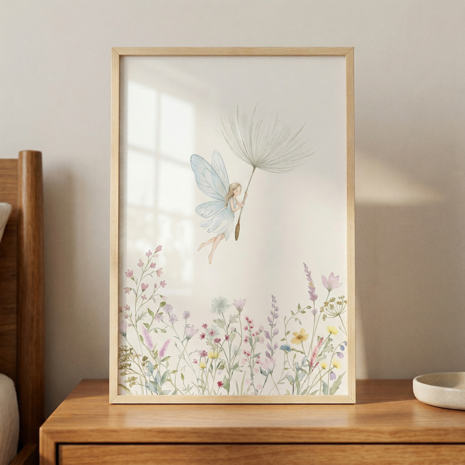 A framed vertical illustration features a delicate, ethereal fairy with translucent blue wings floating in the air. She has long hair and wears a simple pale garment, holding onto a large, white dandelion seed head as if it were a parachute. Below her, a field of soft-toned wildflowers in shades of pink, lavender, and yellow grows upward. 