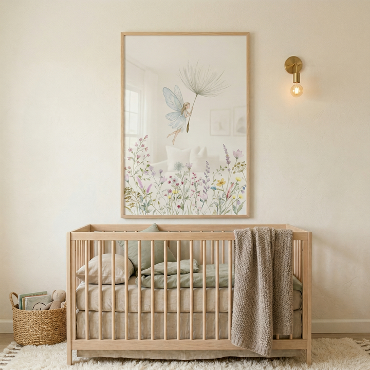 A serene nursery features a light wood crib with neutral bedding and a textured knit throw. Centered on the wall above is a large framed illustration showing a delicate fairy with translucent blue wings holding a large dandelion seed as she floats over a field of watercolor-style wildflowers. The room has soft beige walls, a modern gold wall light with an exposed bulb, and a white shag rug. To the left, a woven basket holds a few books and a small stuffed animal.