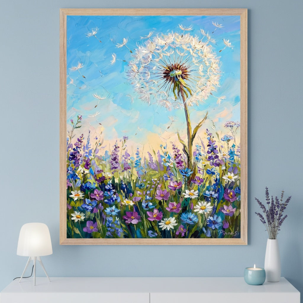 Modern room with a light blue wall and a white dresser. A large, wood-framed impasto painting of a dandelion with seeds blowing in a field of wildflowers hangs above the dresser. A white lamp, vase, and candle are on the dresser.