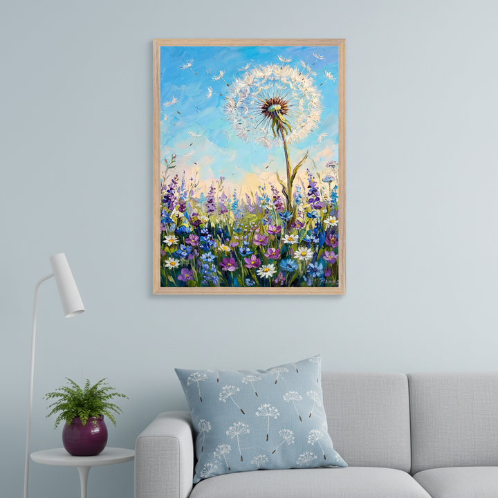 Modern living room with a grey sofa, side table, and floor lamp. A wooden framed oil painting of a white dandelion with blowing seeds and a field of wildflowers hangs above the left side of the sofa. A dandelion-patterned pillow is on the sofa.
