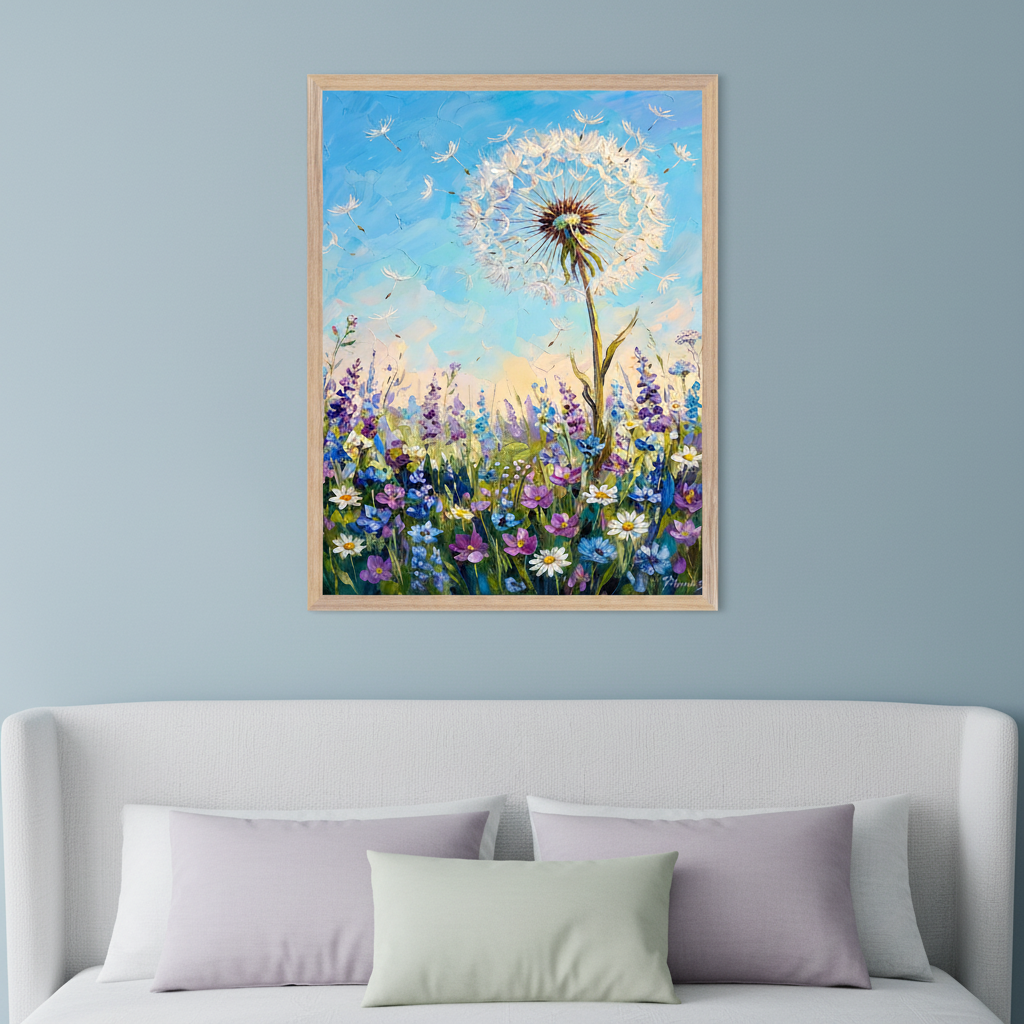 Modern bedroom with a white upholstered bed and pillows. A framed textured painting of a dandelion with blowing seeds in a blue sky over a field of colorful wildflowers hangs centered on a light blue wall above the bed.