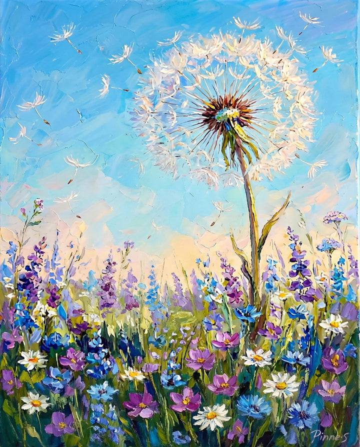 Colorful textured painting of a large white dandelion puffball surrounded by purple, blue, and white wildflowers, with seeds floating into a bright blue sky, capturing a breezy and joyful meadow scene.
