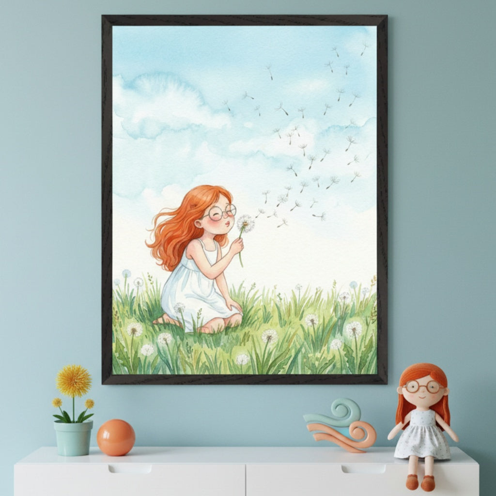 Kid's bedroom with a white dresser against a light blue wall. A large framed watercolor painting hangs above the dresser, depicting a red-haired girl in a white dress blowing dandelion seeds in a field. A potted dandelion, an orange sphere, a teal sculpture, and a red-haired doll sit on the dresser.