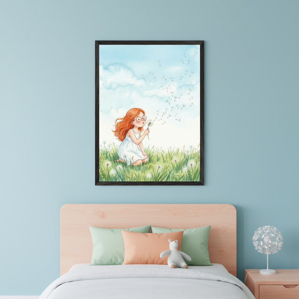 Kid's bedroom with a wooden headboard bed and a light blue wall. A framed watercolor print, depicting a red-haired girl in a white dress blowing a dandelion in a grassy field under a blue sky, hangs centered above the bed.
