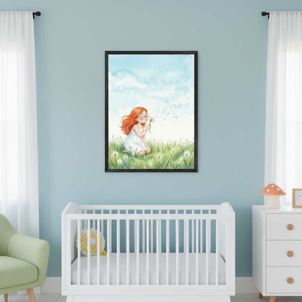 Modern nursery with a light blue wall. A framed watercolor print hangs centered above a white crib. The artwork depicts a red-haired girl in glasses blowing a dandelion in a grassy field under a blue sky. A white dresser is to the right of the crib, and a light green armchair is to the left.
