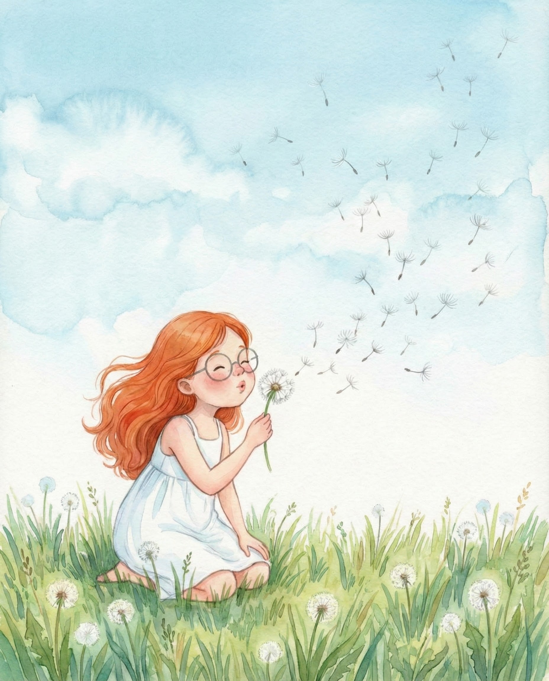 Watercolor-style illustration of a red-haired girl in a white dress kneeling in a field, blowing dandelion seeds into a bright blue sky with soft clouds, evoking wonder, innocence, and the joy of childhood moments.
