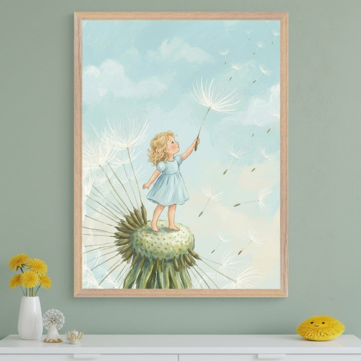 Modern room with a sage green wall. A large framed illustration of a blonde child in a blue dress standing on a dandelion head, holding one seed as others drift in a blue sky, hangs centered above a white dresser. Yellow flowers and a fluffy toy are on the dresser.