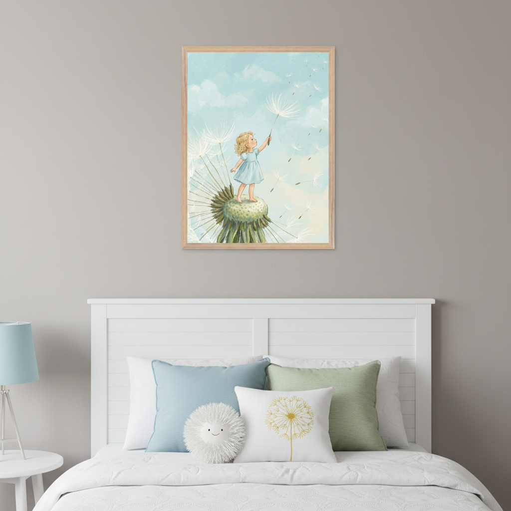 Kid's bedroom with a white bed headboard and light blue lamp. Above the bed, a framed whimsical illustration depicts a small blonde girl on a dandelion head, holding a single seed in a blue sky. The bed is adorned with blue, green, fluffy, and dandelion-print pillows.