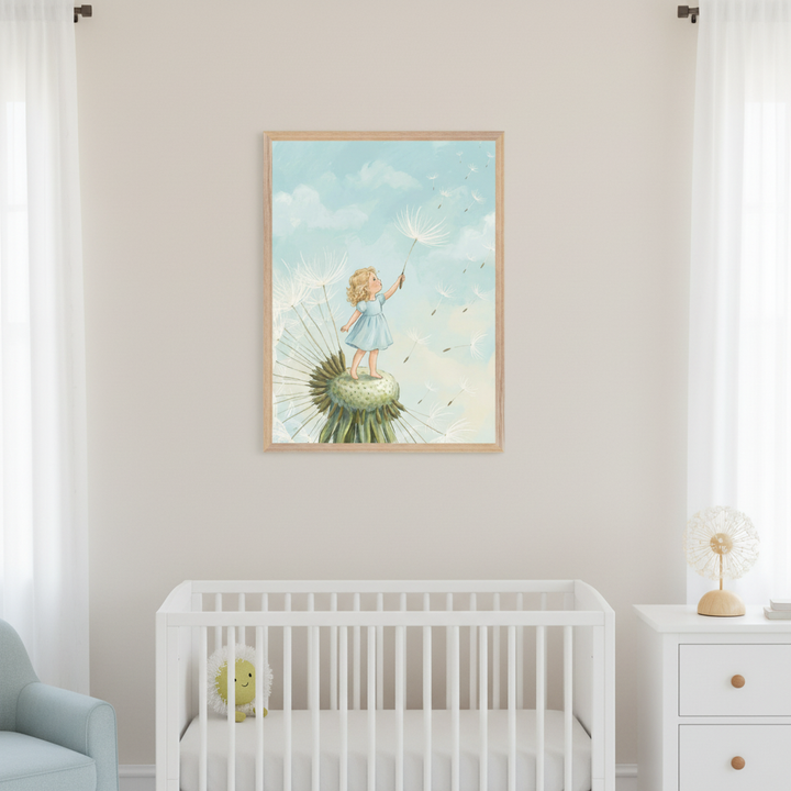 Bright nursery with a white crib and dresser. A framed whimsical illustration of a blonde girl standing on a dandelion, holding a flying seed, hangs centered above the crib. A light blue armchair is to the left.
