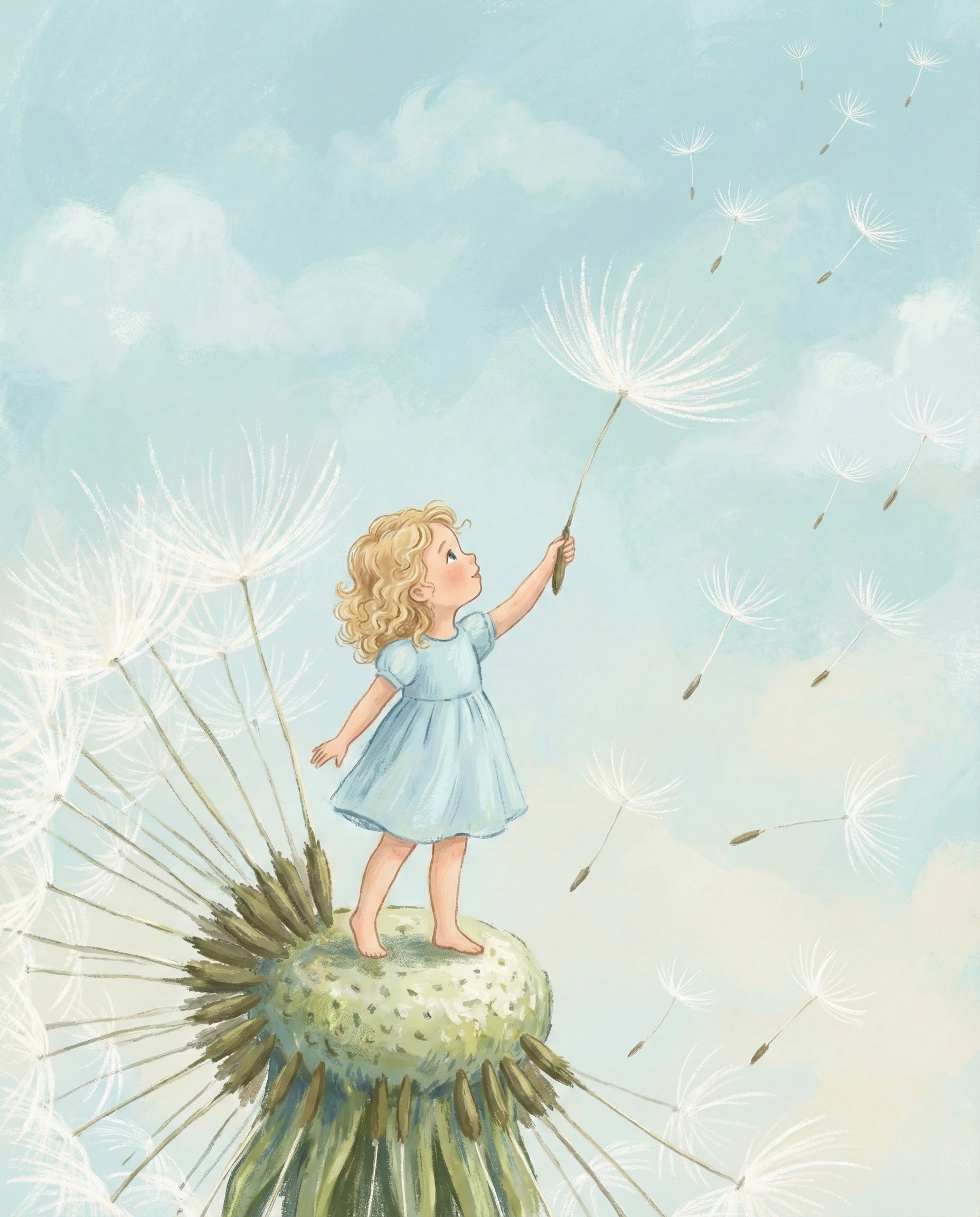 Charming illustration of a little girl in a blue dress standing on a dandelion head and holding a giant floating seed, surrounded by other drifting seeds in a dreamy blue sky with soft clouds, evoking wonder and imagination.
