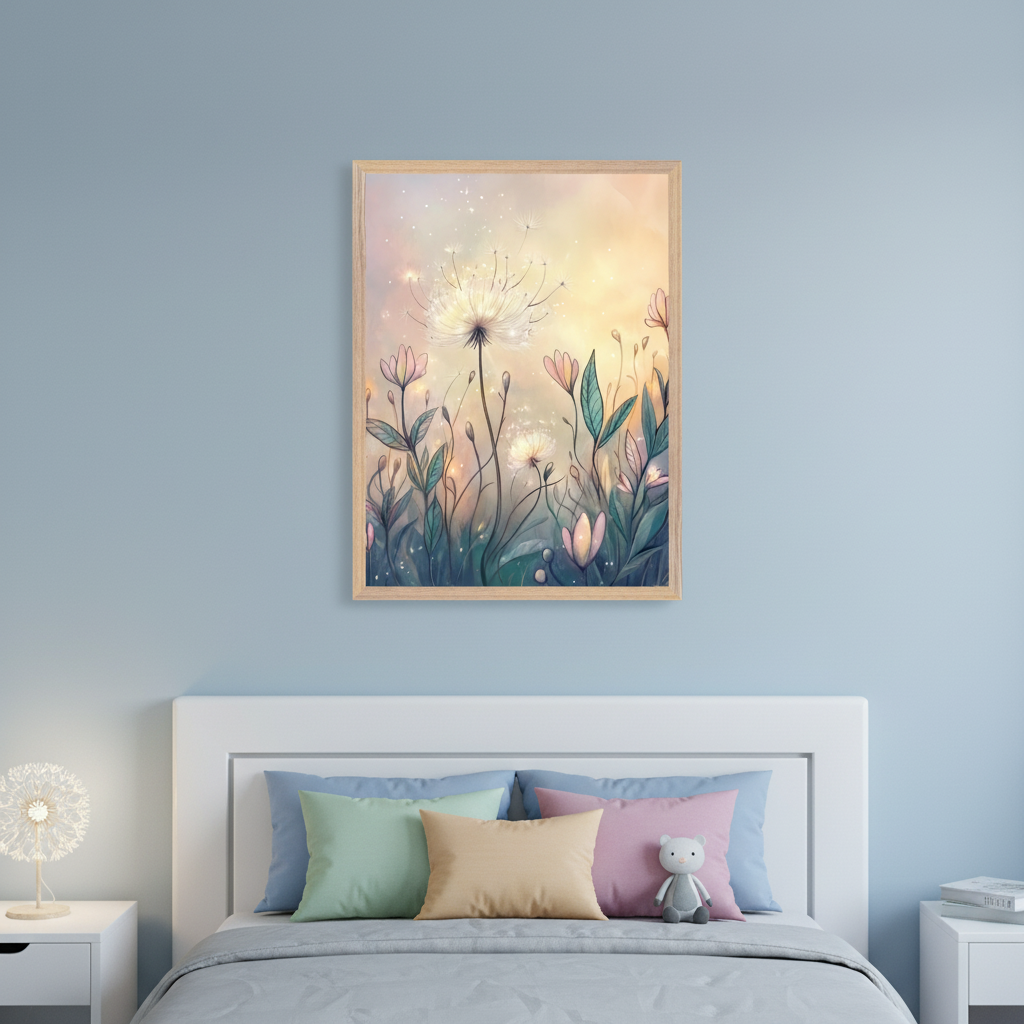 Kid's bedroom with a white headboard and bed. A framed illustrated print of a dandelion and wildflowers with a glowing background hangs centered above the bed. Colorful pillows and a teddy bear are on the bed. White nightstands flank the bed.